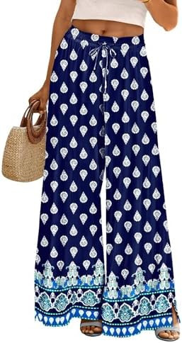 YESNO Women Summer Flowy Wide Leg Pants Drawstring Elastic Waist Casual Lounge Beach Palazzo Trou... | Amazon (US)