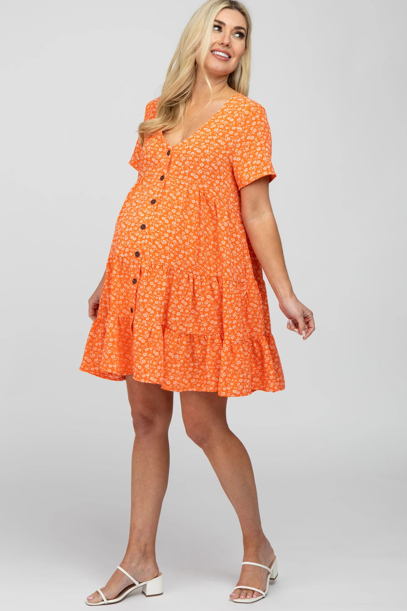 Orange Floral Button Front Tiered Maternity Dress | PinkBlush Maternity