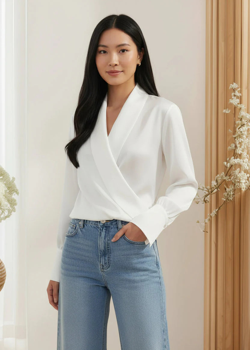 Doretta Draped Satin Long Sleeve Wrap Top - White | Benaar La