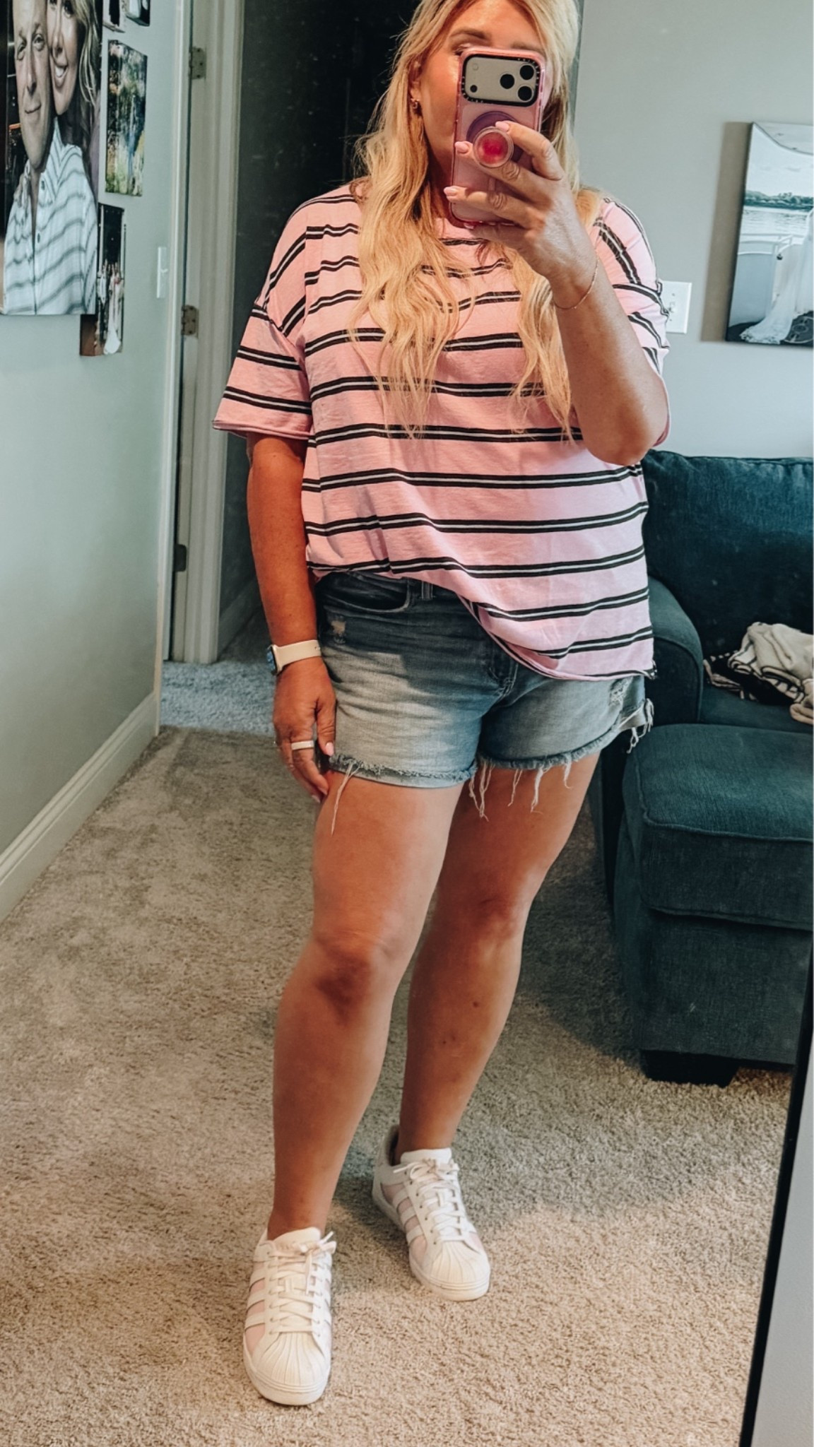 Aerie has stolen my heart with all of the PINK 🩷 this summer!  These oversized striped tees are marked down to $25 right now :) #aerie @Aerie 
#aerierealmakers

#LTKMidsize #LTKSaleAlert #LTKmomlife