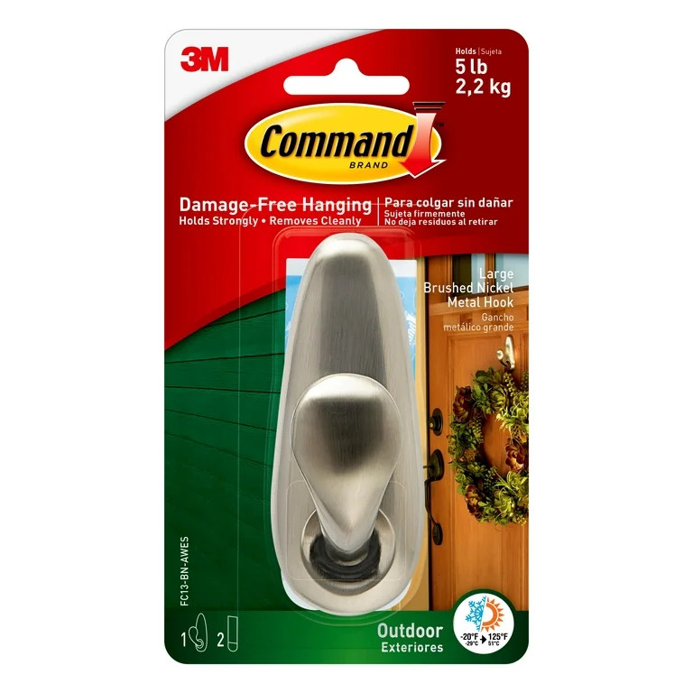 Command Outdoor Hook, Large, Brushed Nickel, 1 Hook, 2 Strips/Pack | Walmart (US)