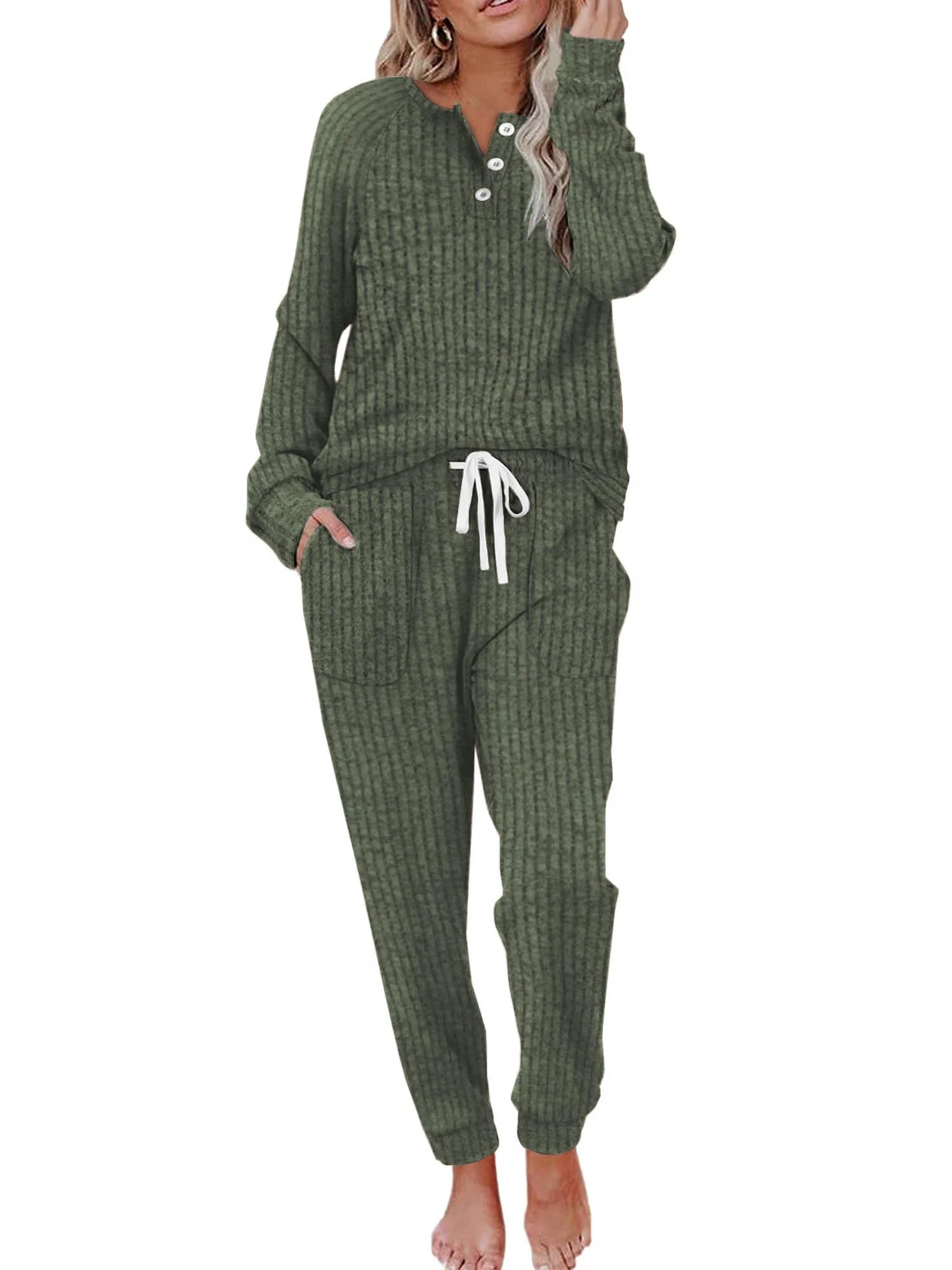 MOSHU Two Piece Womens Pajama Sets Button Down Shirts and Drawstring Pants with Pockets Solid Lou... | Walmart (US)