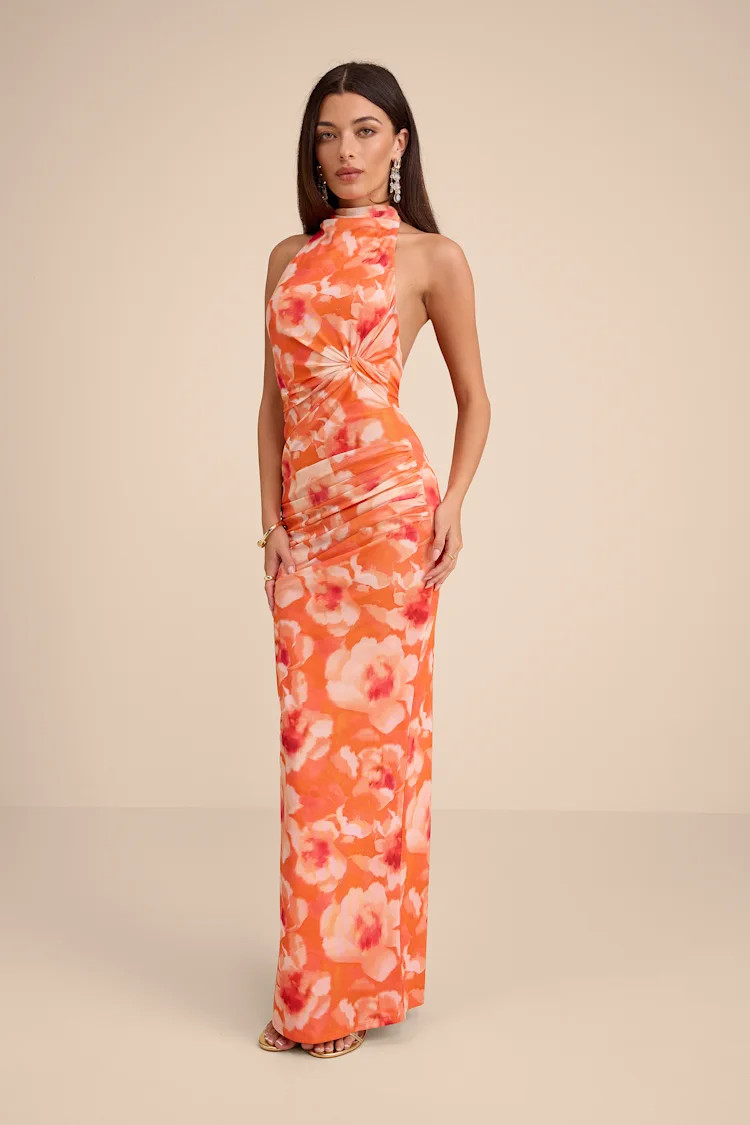 Frona Orange Floral Mesh Backless Maxi Dress | Easter dresses for women  | Lulus