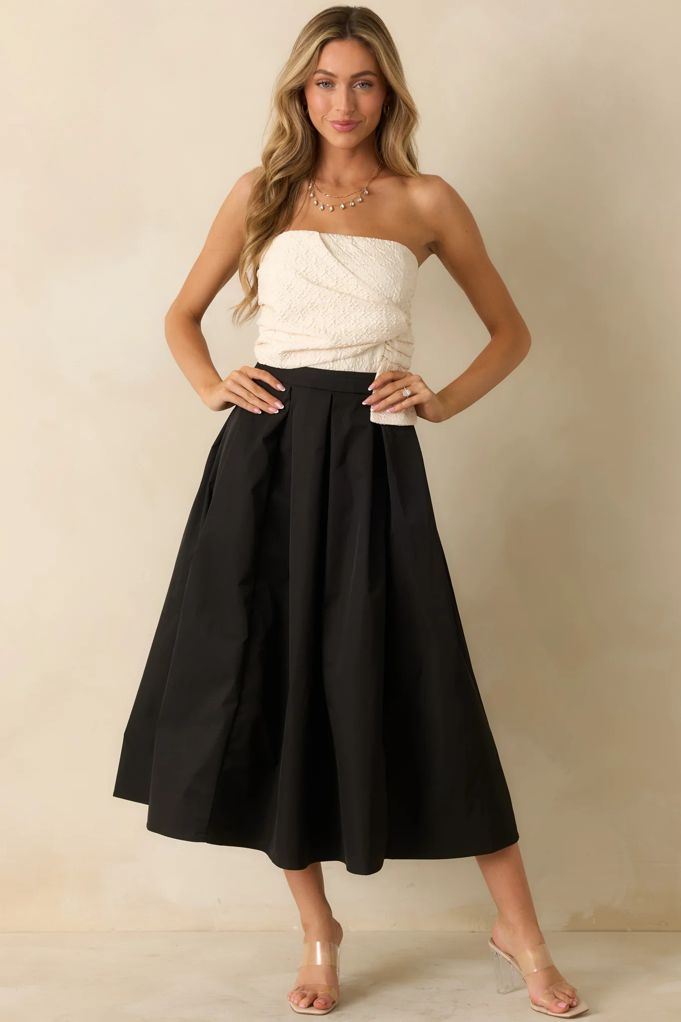 Black Tie Beauty Black & Ivory Strapless Midi Dress | Red Dress