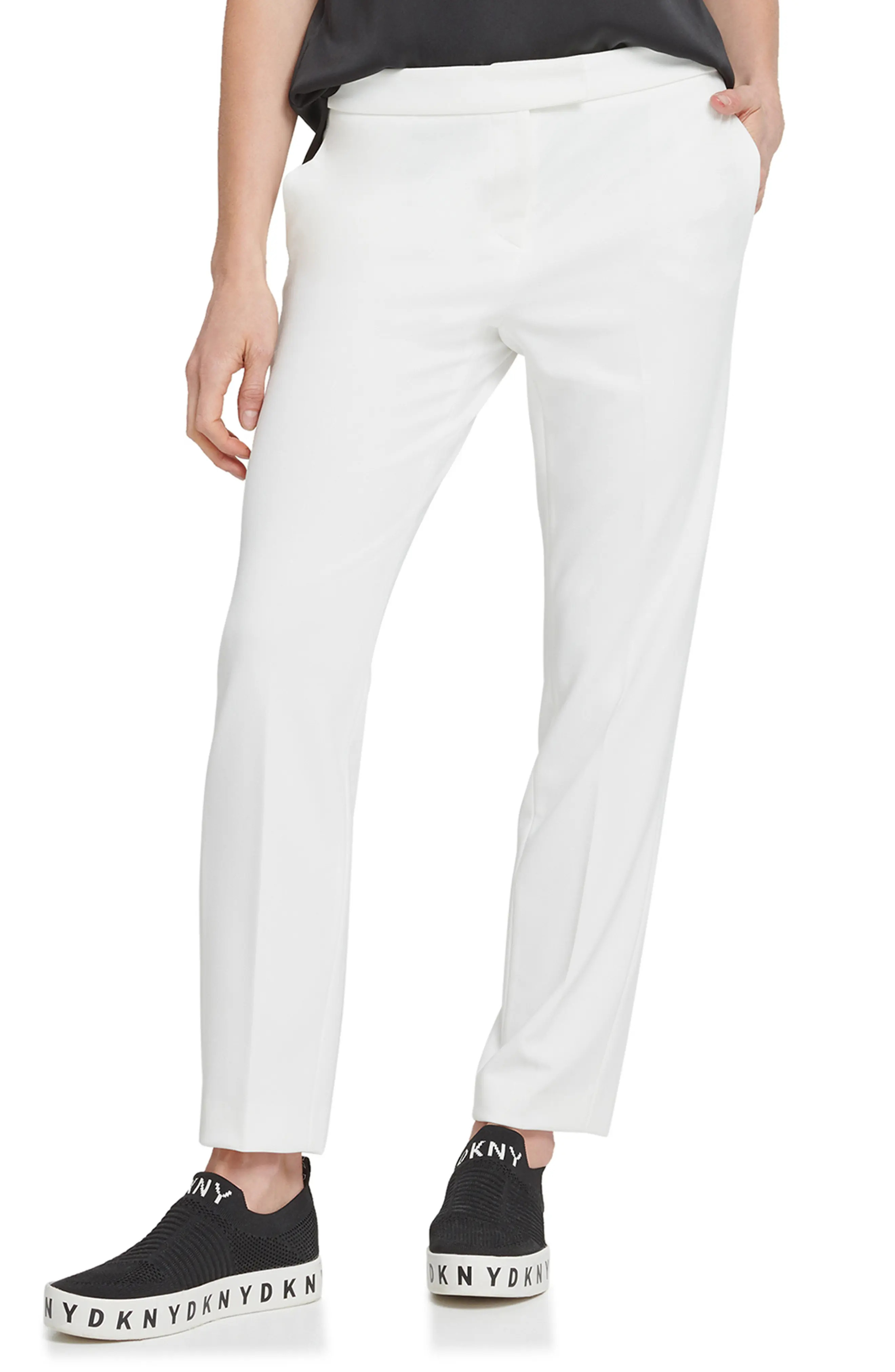 DKNY Flat Front Straight Leg Career Pants in Ivory at Nordstrom, Size 10 | Nordstrom