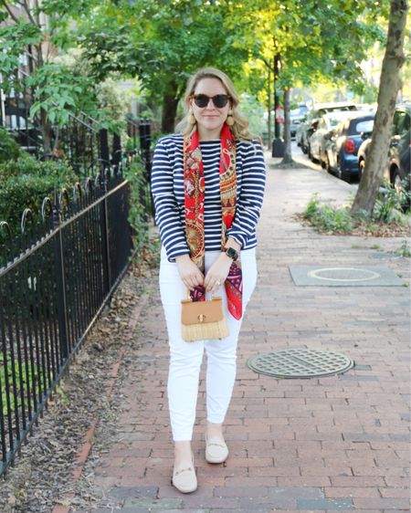A transitional fall outfit with all the #classicstyle details: stripe shirt, rattan top handle bag, scarf, and loafers 
#preppystyle #size8style #size8

#LTKstyletip #LTKunder100 #LTKunder50