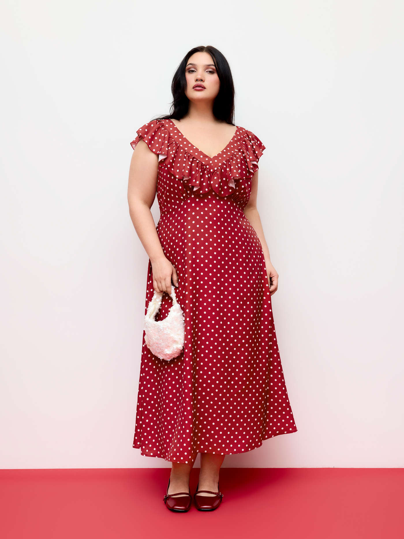 Polka Dot V-Neck Ruffled Maxi Dress Curve & Plus | Cider