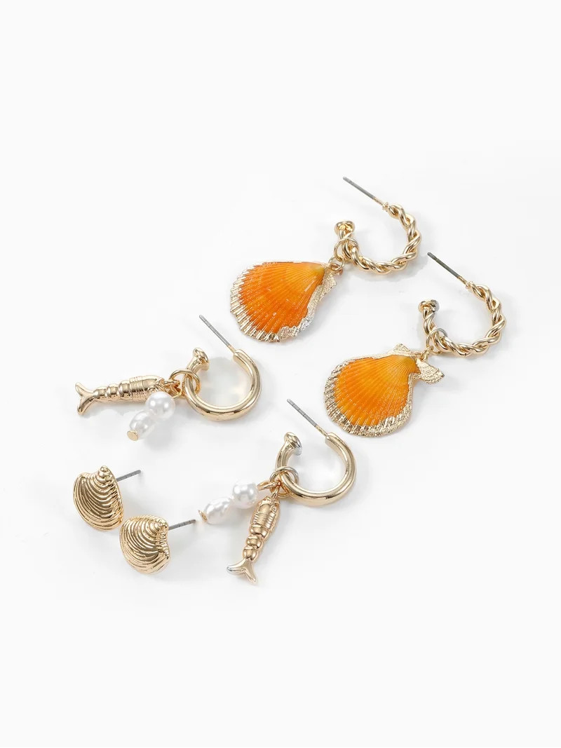 Time and Tru Seashell Earring Set, 3 Pars - Walmart.com | Walmart (US)