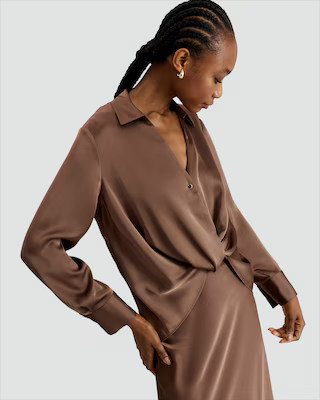 F&F Satin Twist Front Long Sleeved Blouse in Mink | Tesco F&F