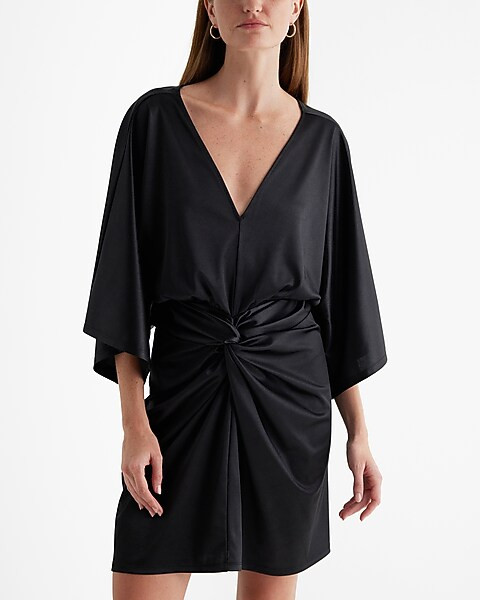Satin V-neck Twist Front Mini Sheath Dress | Express