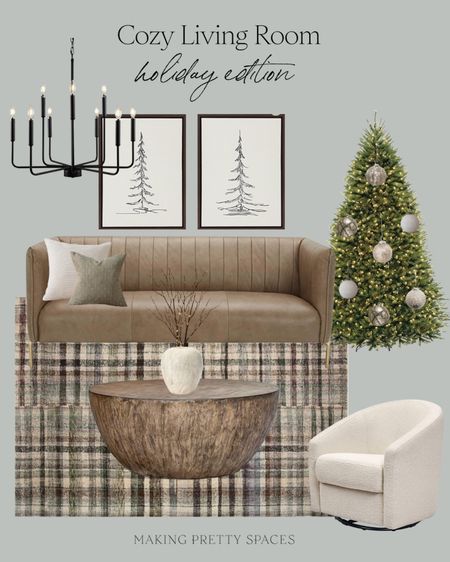 Shop this cozy living room mood board all products from Amazon!
Amazon, living room, brown sofa, coffee table, Christmas tree, black chandelier, swivel chair, area rug

#LTKhome #LTKSeasonal #LTKHoliday
