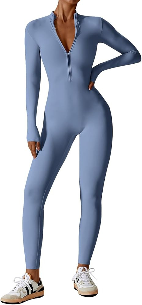 ECUPPER Women Long Sleeve Bodycon Jumpsuits Workout Zip Up Unitard One Piece Full Bodysuits Sexy ... | Amazon (US)