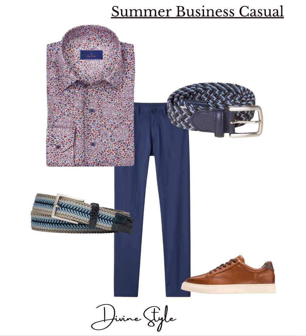 Men’s summer business casual outfit in this berry print lightweight casual shirt paired with blue 5-pockets pants, cognac sneakers and a unique belt. 

#LTKWorkwear #LTKShoeCrush #LTKMens