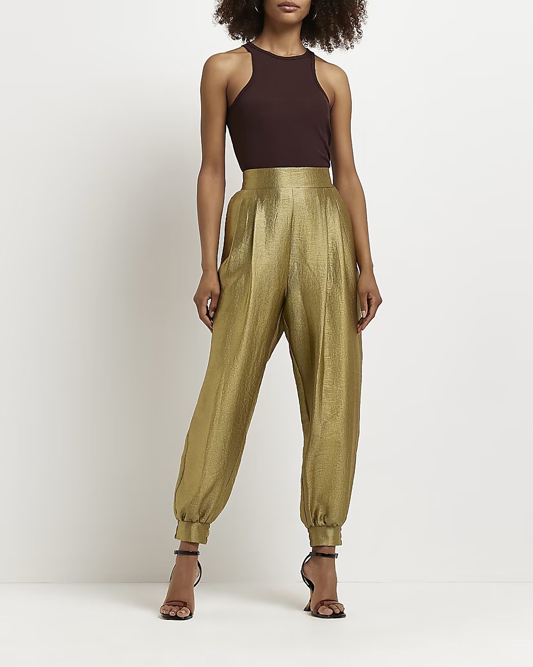 Khaki metallic tapered trousers | River Island (UK & IE)