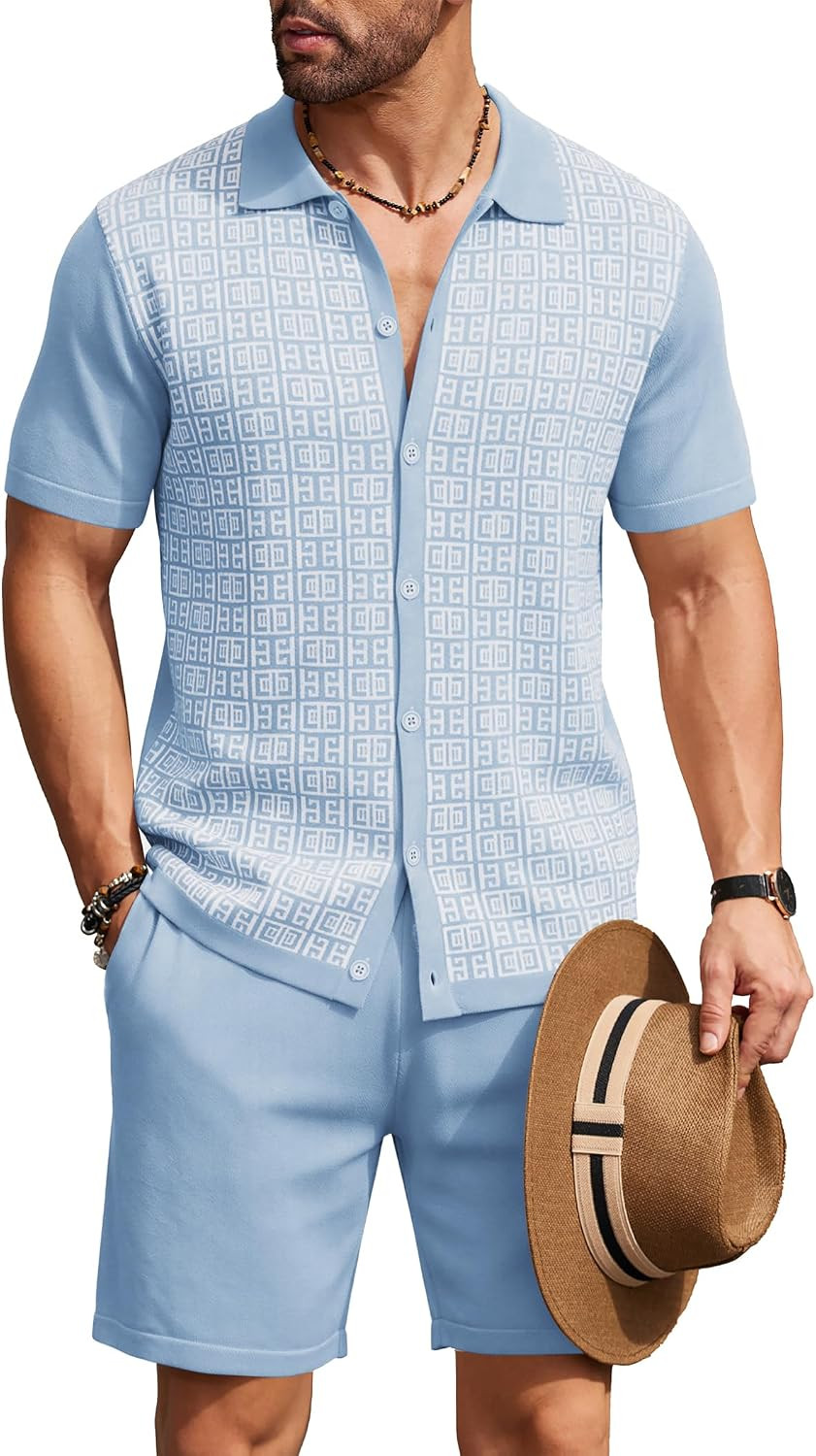COOFANDY Men's 2 Piece Outfit Vintage Short Sleeve Button Down Knit Polo Shirts Casual Beach Shorts Sets | Amazon (US)