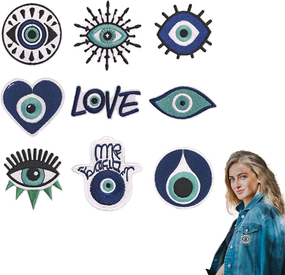 9 Pcs Evil Eye Embroidery Patches, Blue Hamsa Hand Embroidered Iron On Patch, Polyester Applique ... | Amazon (US)