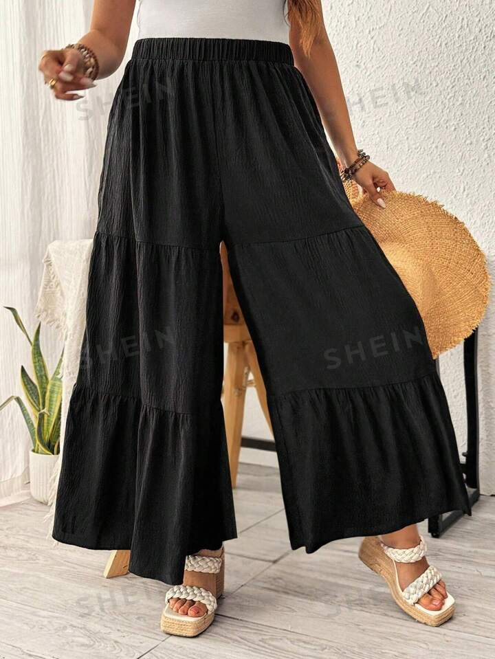SHEIN VCAY Plus Size Women's Solid Color Simple Loose Wide Leg Pants For Daily Wear | SHEIN