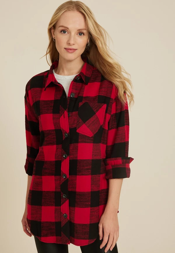 Cabin Plaid Boyfriend Tunic Shirt | Maurices