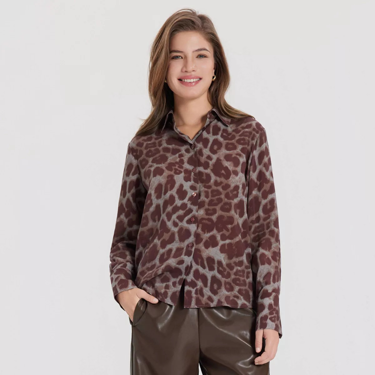 Women's Long Sleeve Collared Blouse - A New Day\u2122 Gray Leopard Print XS | Target