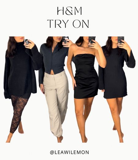 Navy Top: S ; Beige Pants: US4 (1176519) ; Lace skirt: S (1164762) ; Black Sweater: XL ; Long sleeve dress: XS ; Mini dress: S