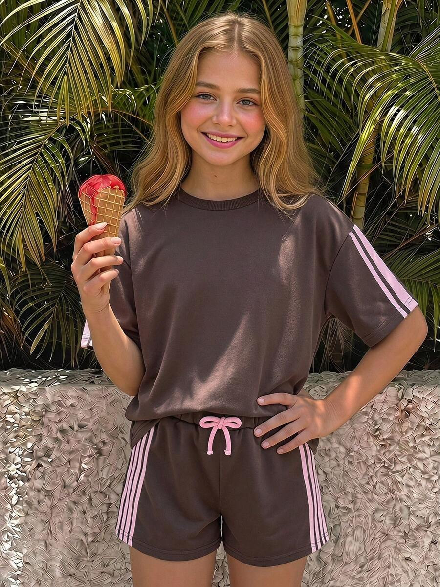 SHEIN Tween Girls' Casual Oversized Pink Tape Solid Brown Knit Top Shorts 2pcs Set Outfit | SHEIN