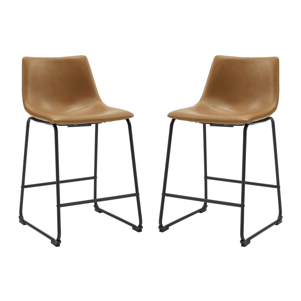 Set of 2 Laslo Modern Upholstered Faux Leather Counter Height Barstools Whiskey Brown - Saracina Hom | Target