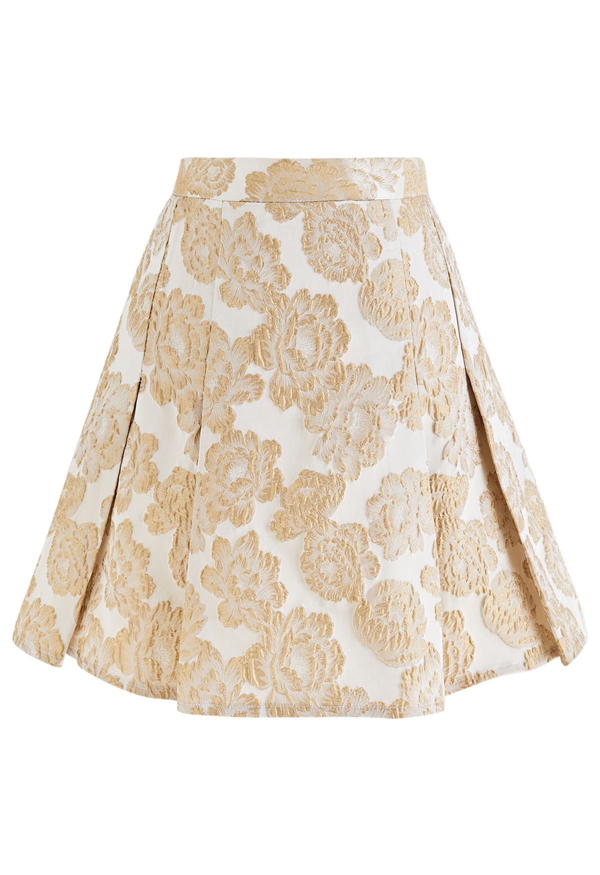 Peony Embossed Jacquard Flare Mini Skirt in Gold | Chicwish
