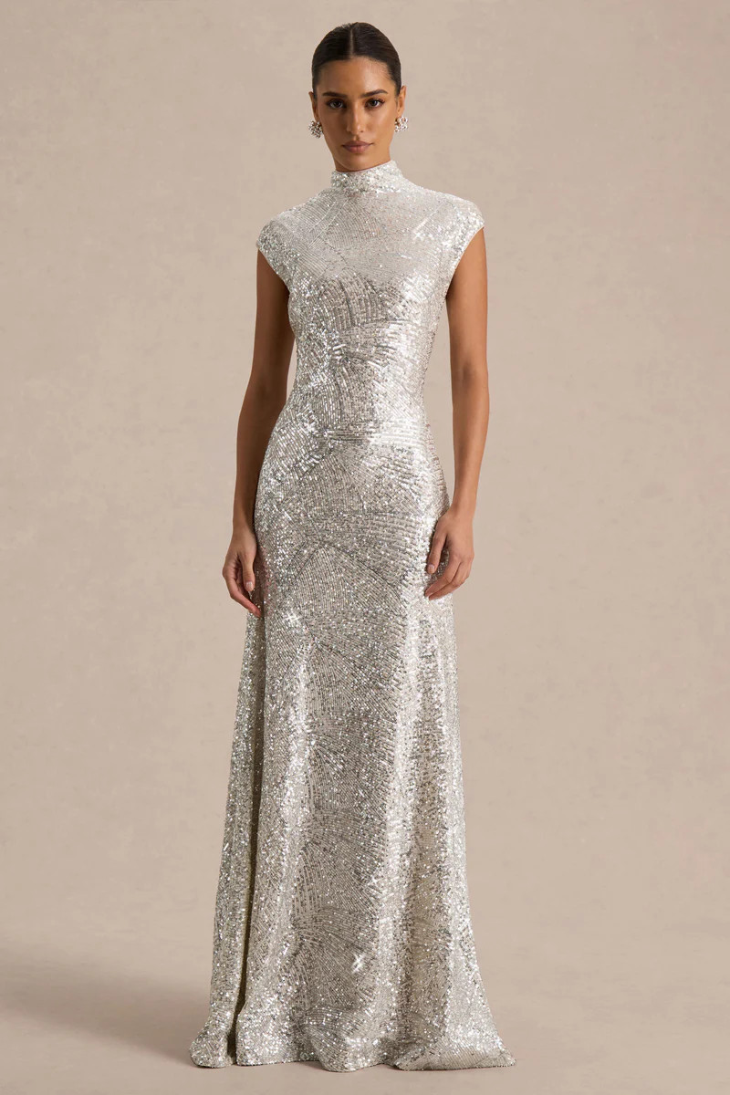 Cecy  Silver Sequin High-Neck Maxi Dress With Cap Sleeves | Club L London