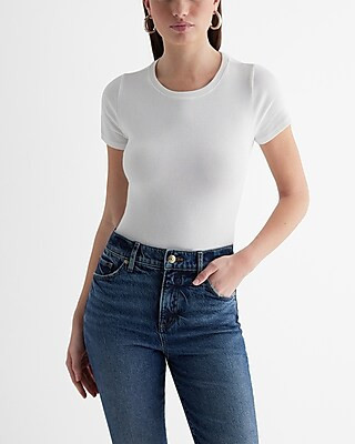 Ribbed Crew Neck Short Sleeve Bodysuit White Women's S | Express