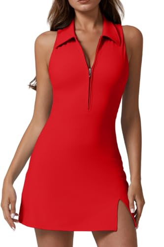QINSEN Womens Tennis Dress with Shorts with Pockets Sleveless Polo Neck Workout Dresses Red L | Amazon (US)