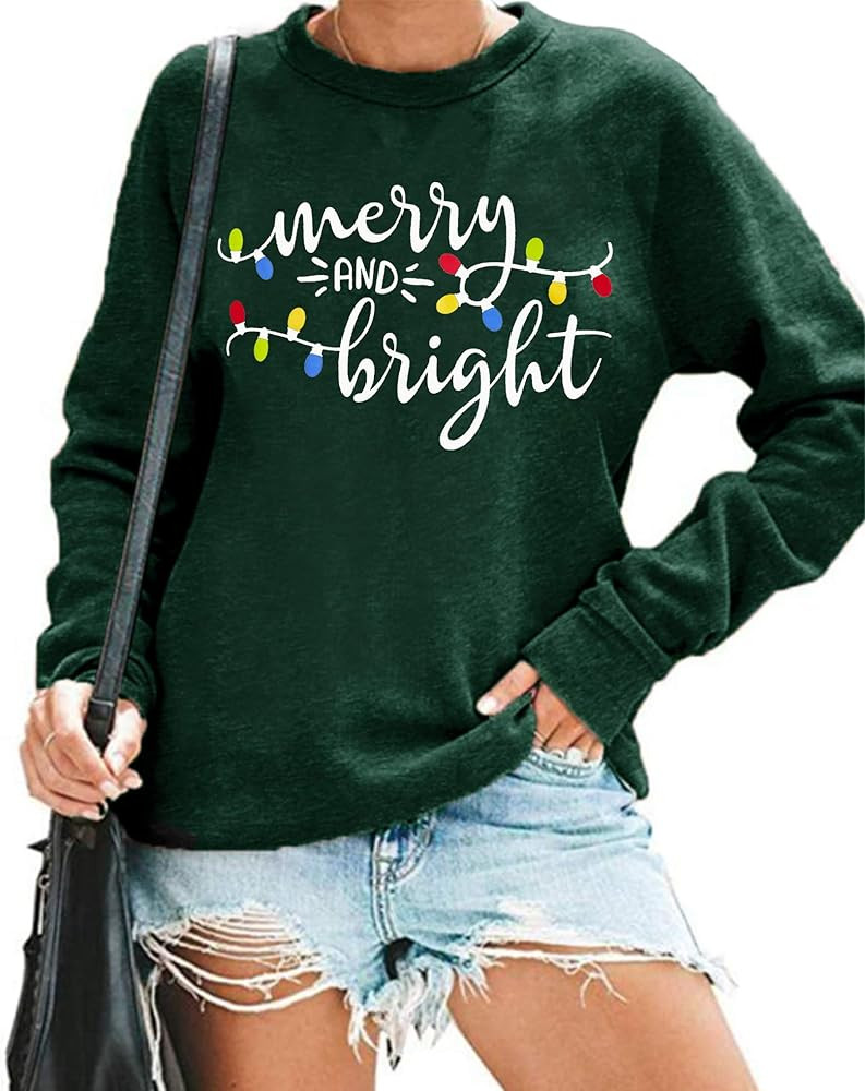 Christmas Sweatshirt Women Merry and Bright Christmas T-Shirt Funny Xmas Lights Blouse Tops Holiday  | Amazon (US)
