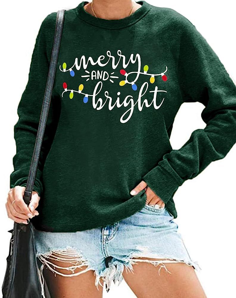 Christmas Sweatshirt Women Merry and Bright Christmas T-Shirt Funny Xmas Lights Blouse Tops Holiday  | Amazon (US)