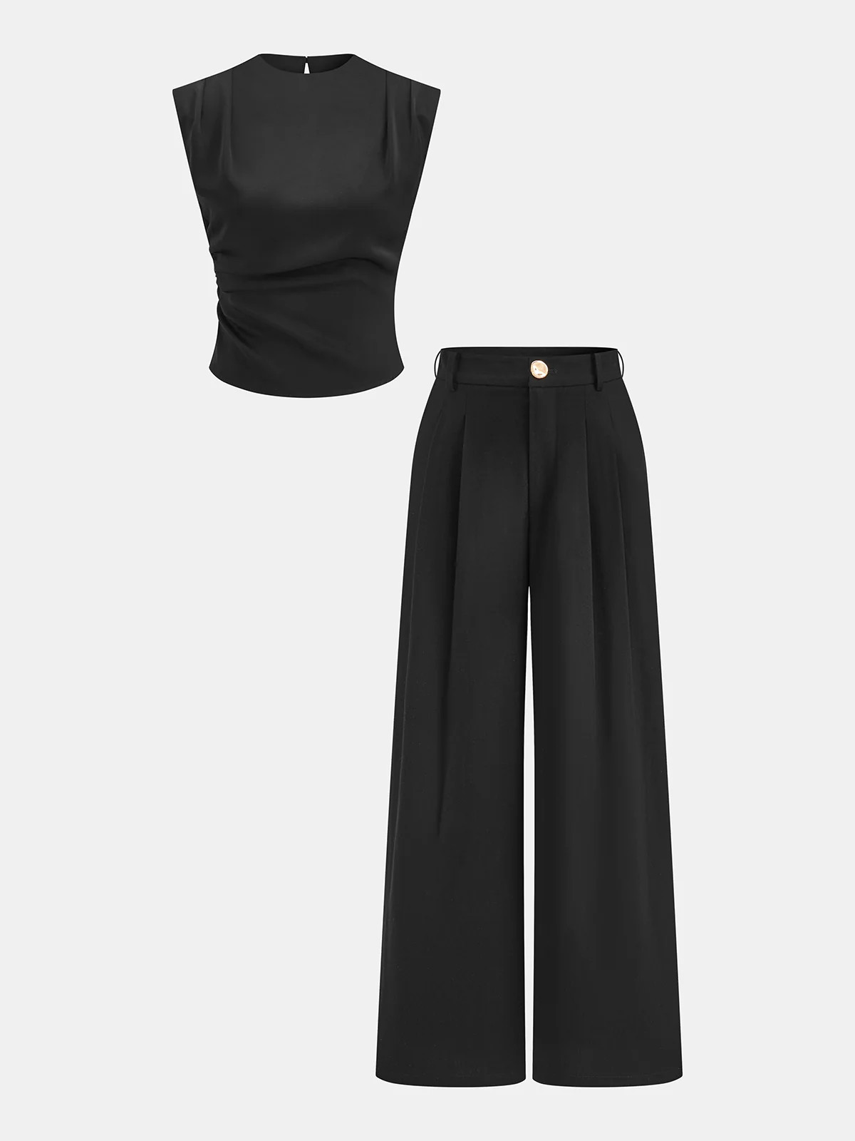 Sleeveless Ruched Top & Pleated Pants Set | Commense
