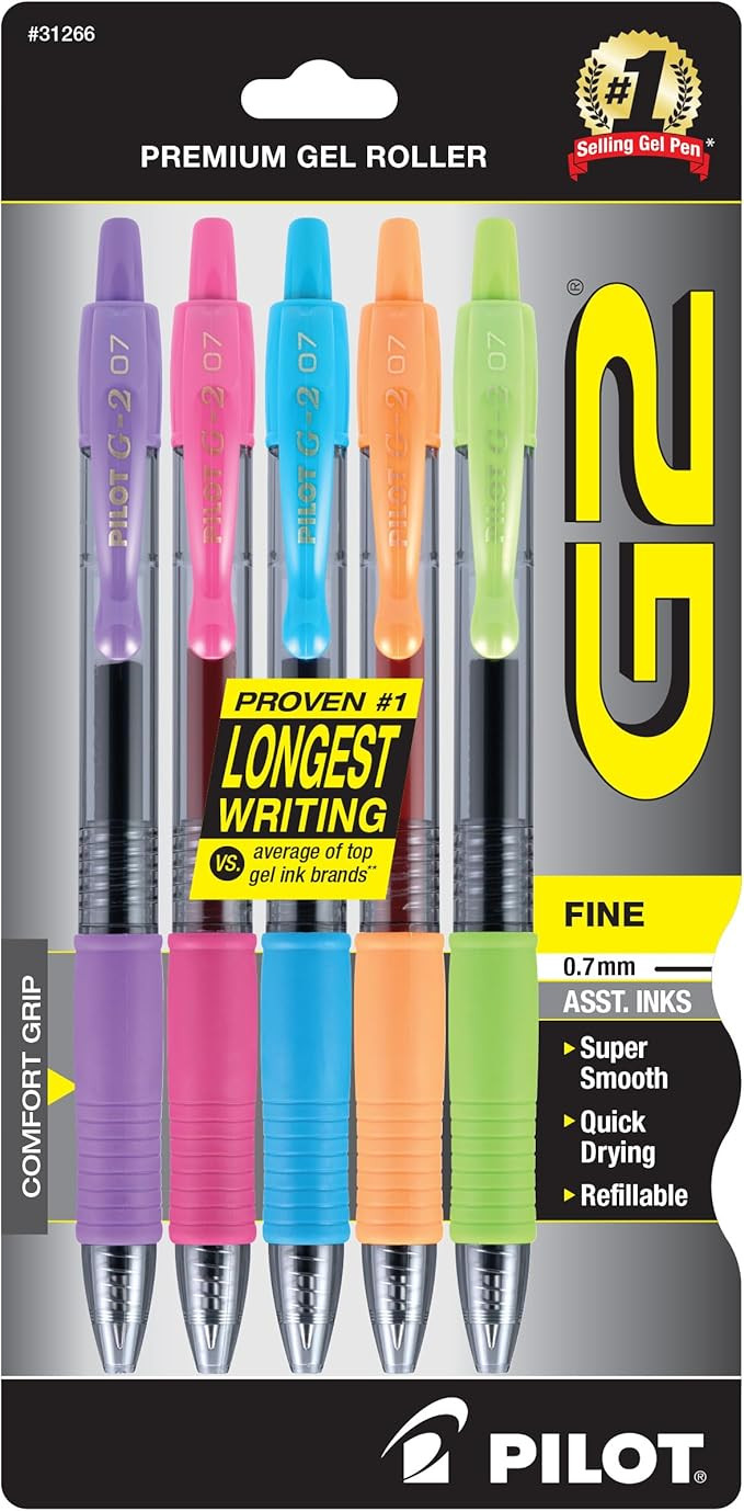 Pilot, G2 Premium Gel Roller Pens, Fine Point 0.7 mm, Assorted Colors, Pack of 5 | Amazon (US)