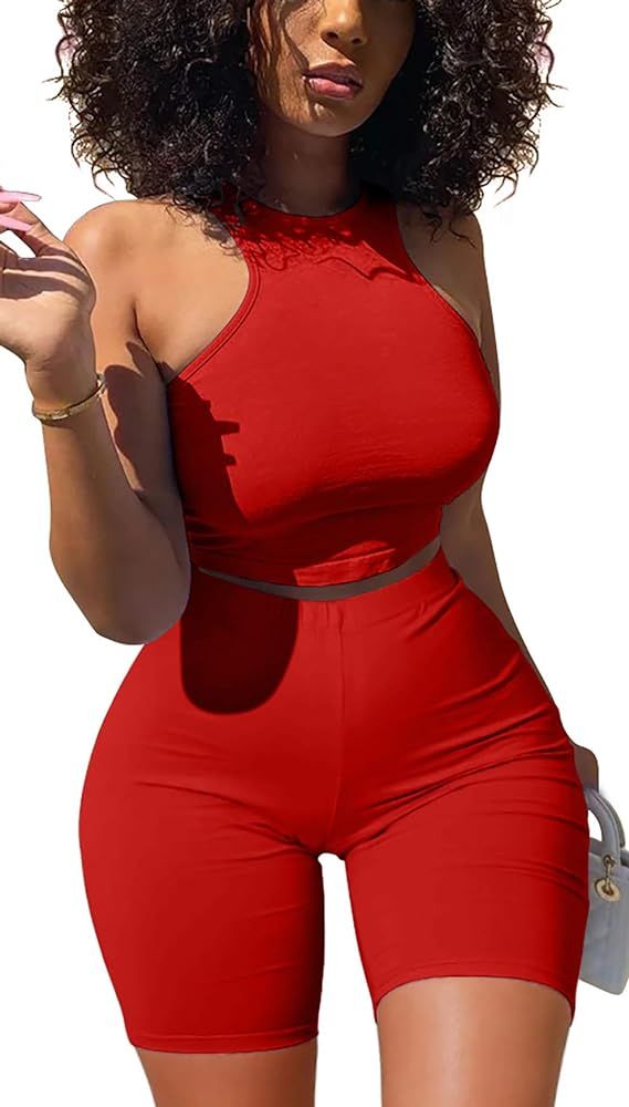 GOBLES Women's Sexy 2 Piece Outfits Sleeveless Crop Top With Shorts Jumpsuits | Amazon (US)