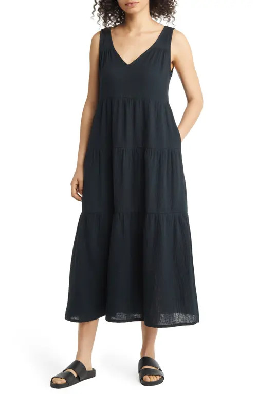 Marine Layer Corinne Tiered Cotton Gauze Maxi Dress in Black at Nordstrom, Size Large | Nordstrom