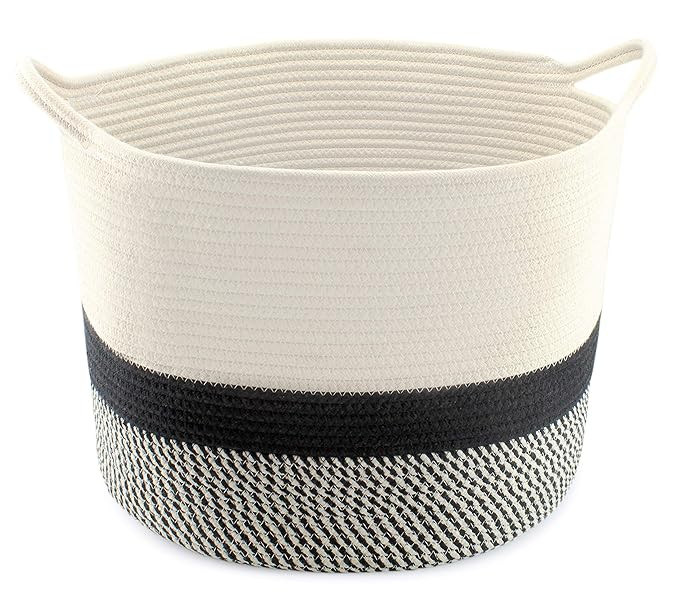 AuldHome Boho Woven Rope Basket, Large Black and White Storage Decorative Basket; 13 x 15 x 15 In... | Amazon (US)