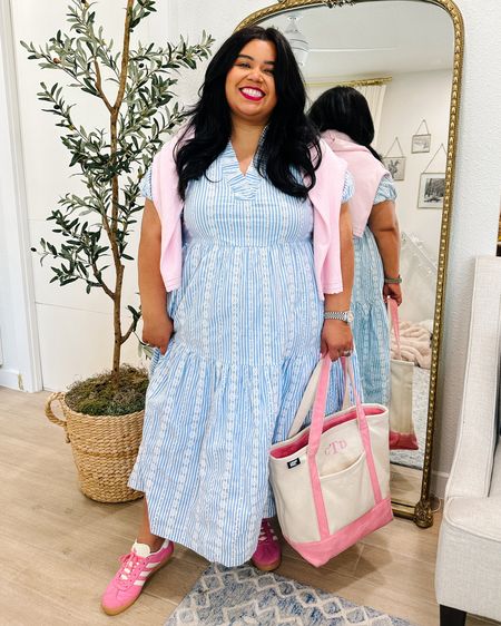 🌷 SMILES AND PEARLS SPRING OUTFIT 🌷 
🌷 My Belk dress is the perfect spring dress! It's got a pleated neckline with floral eyelet on a stripped fabric and I am so obsessed with it!
Size: XL Height: 5’1
🌷 My pink cardigan is a lady jacket from Walmart and my pink adidas

🌷 Gazelles are my new favorite! I got a kids 6 and I wear an 8.5 or 9 typically.

🌷 My Lands End tote bag has been my staple favorite this past month and this canvas bag is definitely worth it!

Spring outfit, Free Assembly, Walmart find, Walmart fashion, plus size fashion, jeans, dress, work outfit, spring looks, adidas gazelle, sandals, vacation outfit, Society Social, Crown & Ivy, monogram tote bag, pink tote bag, travel outfit, spring outfit, summer outfit, vacation outfit, sandals

#LTKmidsize #LTKSeasonal #LTKplussize
