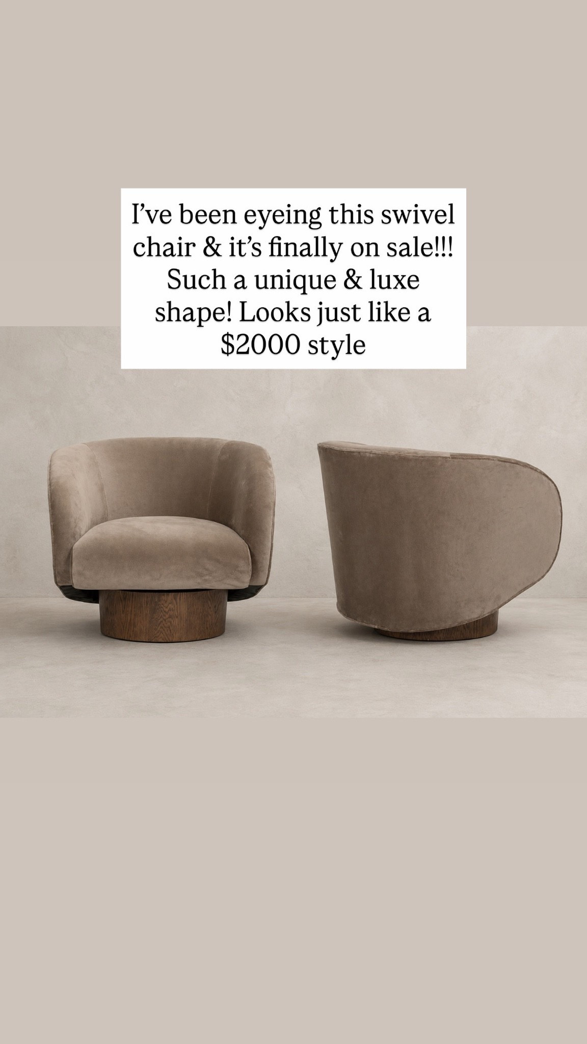 I’ve been eyeing this swivel chair & it’s finally on sale!!! Such a unique & luxe shape! Looks just like a $2000 style