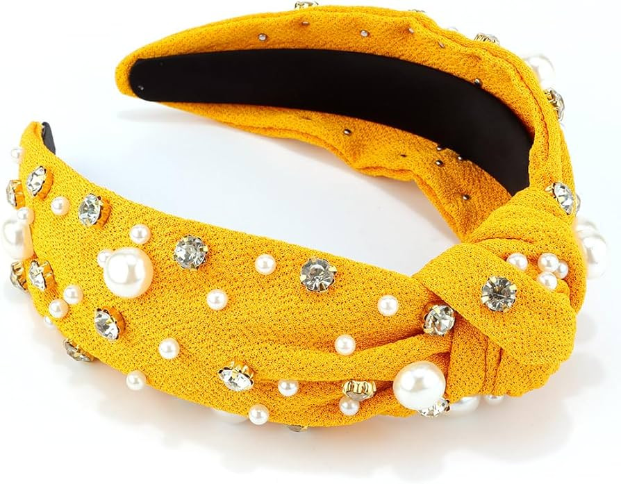 AHONEY Pearl Headband Knotted Headband for Women Girls, Rhinestone Top Knot Crystal Headband Yell... | Amazon (US)