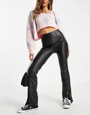 Stradivarius faux leather pants with split front detail in black | ASOS (Global)