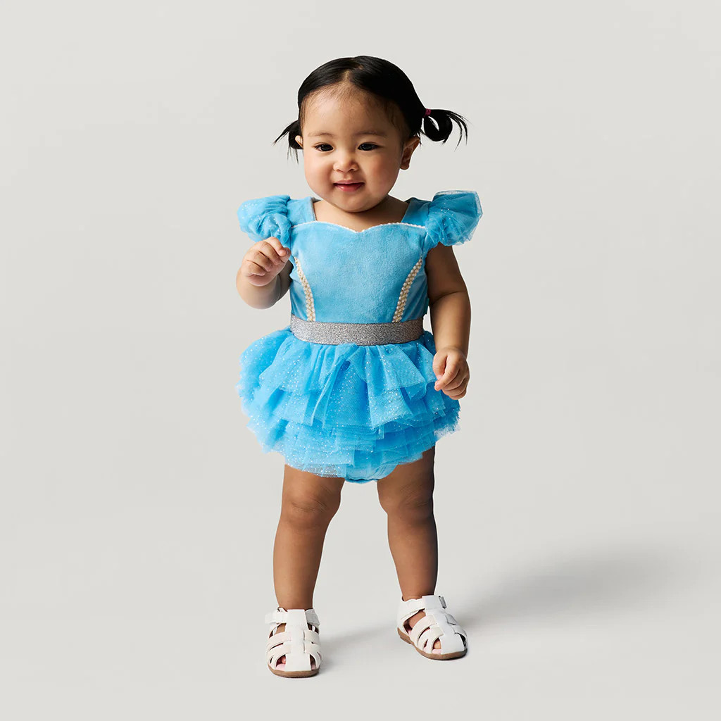 Princess Blue Puff Sleeve Disney Cinderella Velour Bodysuit Dress | Posh Peanut® | Posh Peanut