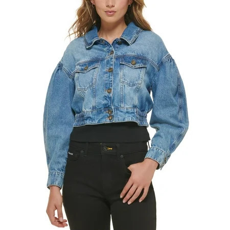 Women's Cotton Puff-Sleeve Cropped Denim Jacket Dark Wash XL | Walmart (US)