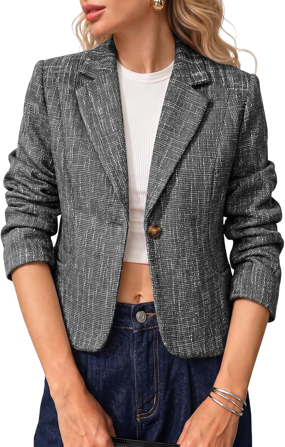 Cicy Bell Womens Cropped Tweed Blazers Collared Suit Jackets Blazer | Amazon (US)