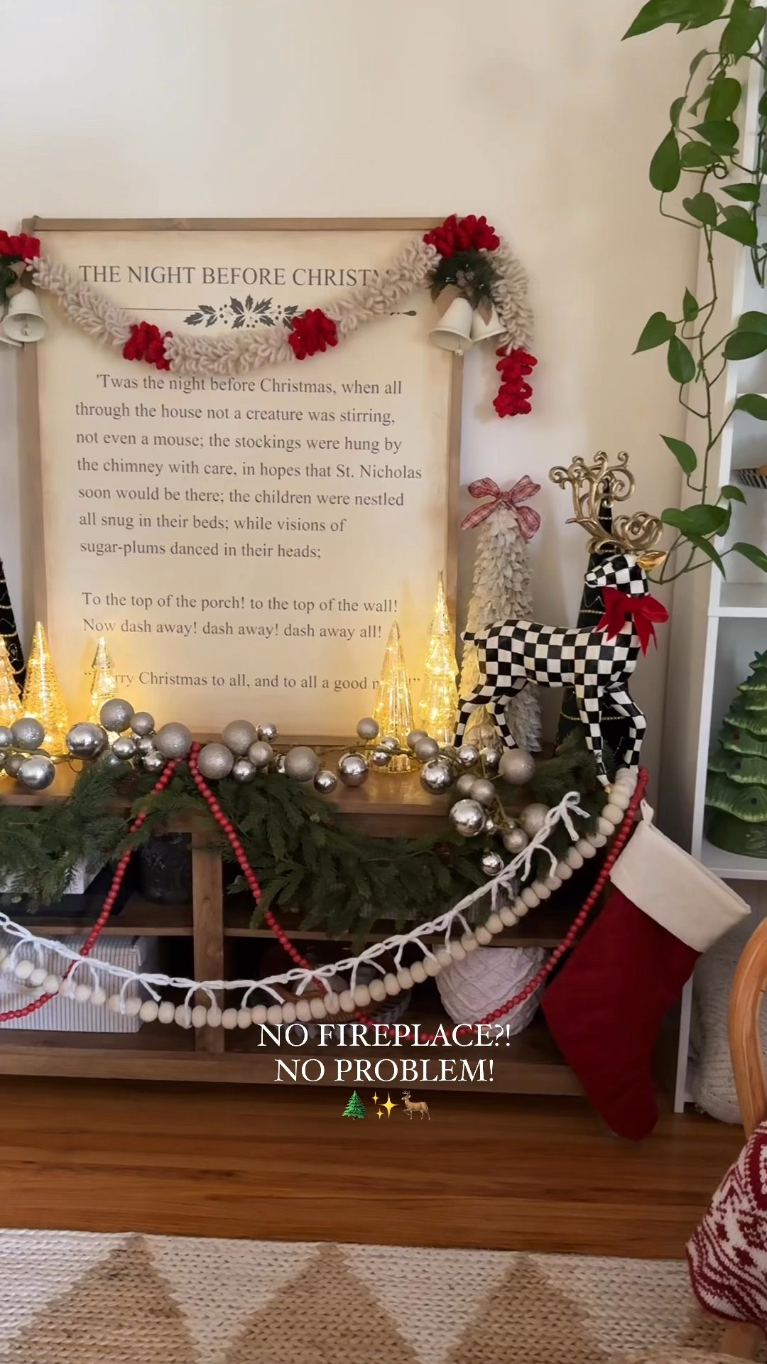 Turning my TV stand into the coziest little holiday space instead! Lots of garlands, lots of trees, our stockings, & a cute reindeer 🦌🌲✨

The TV has been moved into our family room so there can be multiple sports games going on at once, so I took the opportunity to go wild in here 🎉

Try decorating your TV stand like a mantle, if you don’t have a fireplace either! 🫶🏻




#LTKSeasonal #LTKHome #LTKHoliday