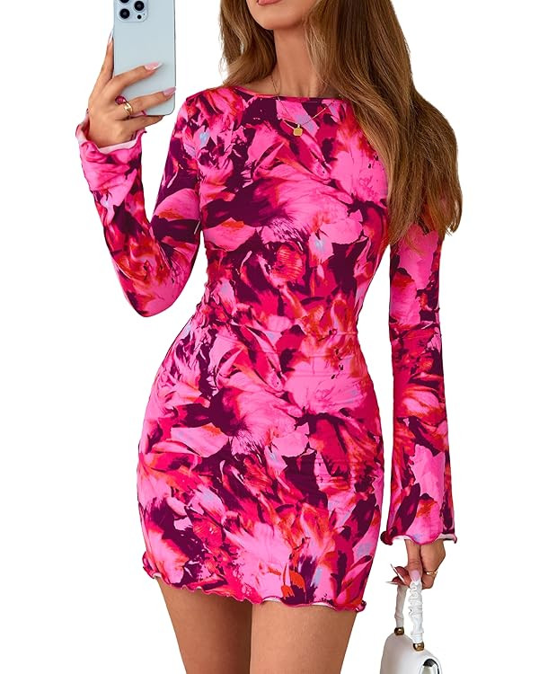 dowerme Women's Sexy Leopard Print Mini Dresses Fall Boat Neck Bell Long Sleeve Knit Short Club D... | Amazon (US)