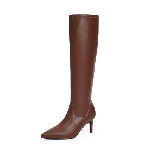 Modatope Brown Knee High Boots for Women 2024 Brown Boots for Women Tall Boots Brown Stretch Leather Boots Stiletto Kitten Heel Pointed Toe High Boots Size 6 | Amazon (US)