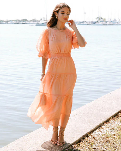 Martina Crinkle Tiered Puff Sleeve Open Back Midi Dress - Coral | VICI