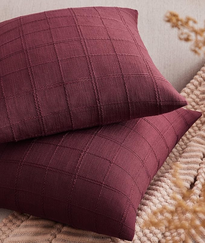 ZeeMart Linen Checked Throw Pillow Covers Set of 2, 22x22 Inch Allover Grid Burgundy, Farmhouse D... | Amazon (US)