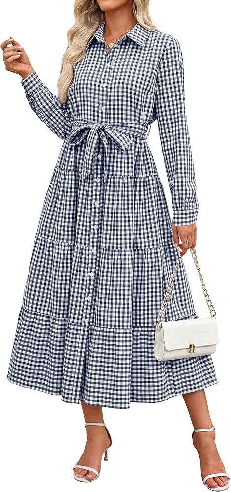 Caracilia Women Long Sleeve Maxi Dress 2026 Spring Casual Button Down Striped Plaid Tie Waist Shi... | Amazon (CA)